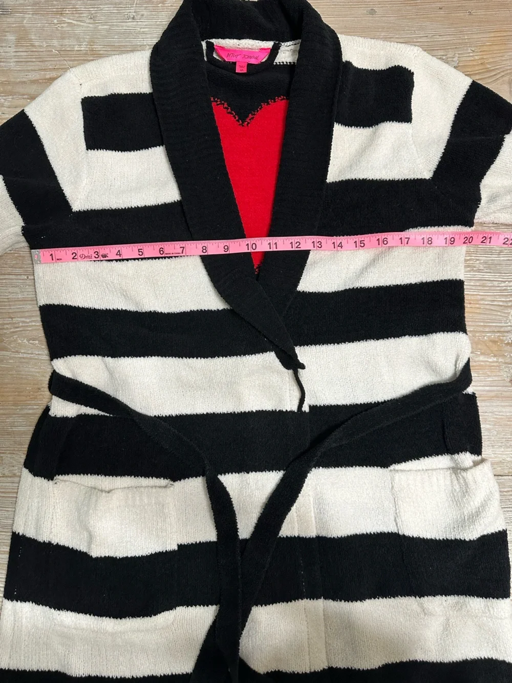 Betsy Johnson Chenille Robe Long Cardigan Sweater Size L Heart Striped Soft Sz M